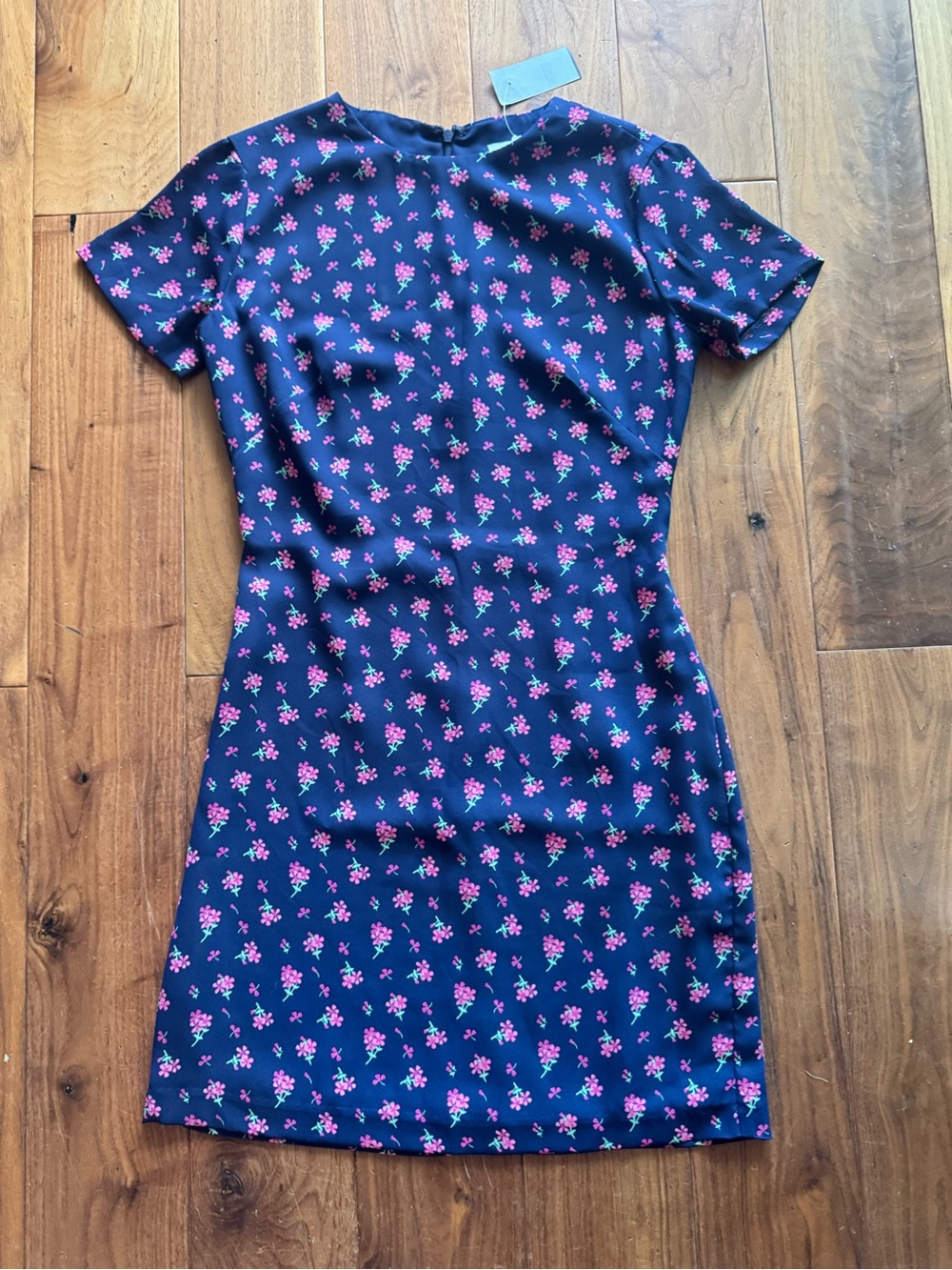 NEW Barneys New York Navy Floral Print Short Sleeve Sheath Dress, lined, zip bac